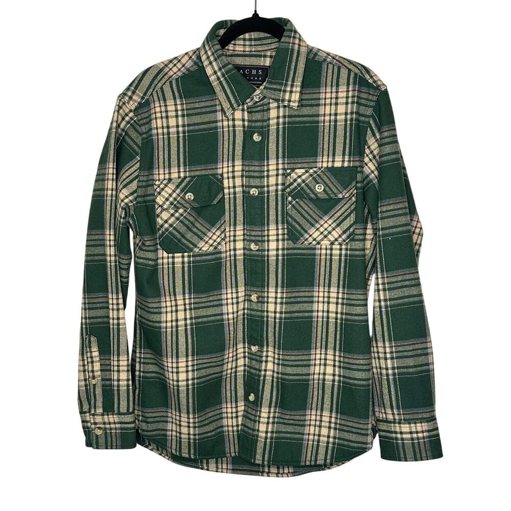 Jachs NY Franklin Shirt Green Cream Button-Up Pockets Lined Outdoors Workwear M